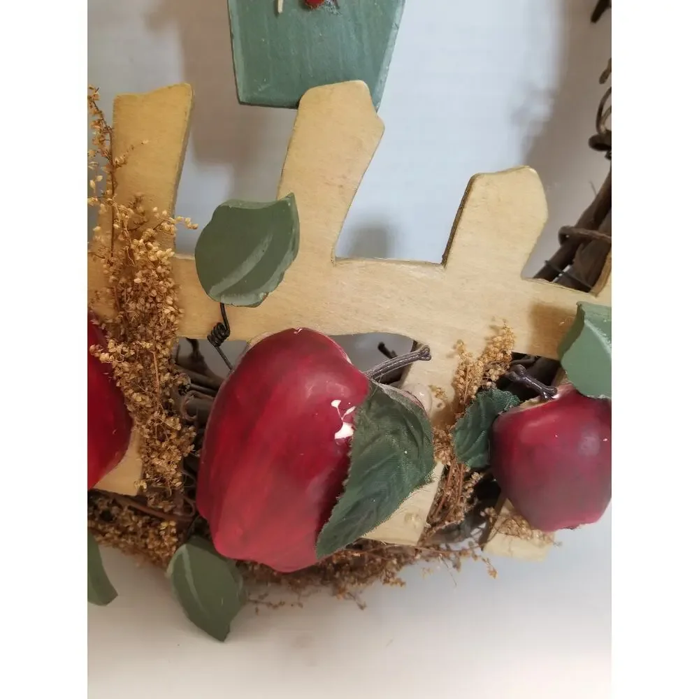 Vtg Handmade Grapevine Greetings Wreath Cottagecore Apples 13